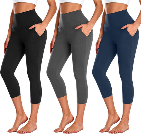 3 Pack Capri Leggings for Women with Pockets-High Waisted Tummy Control Workout Gym Yoga Pants Black